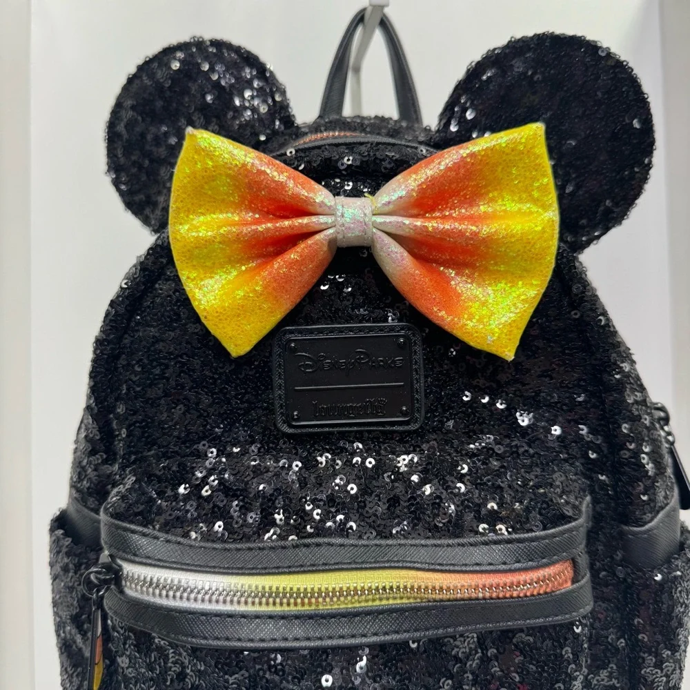 Disney Parks Loungefly Halloween Minnie Mouse Sequin Backpack Candy Corn Bow